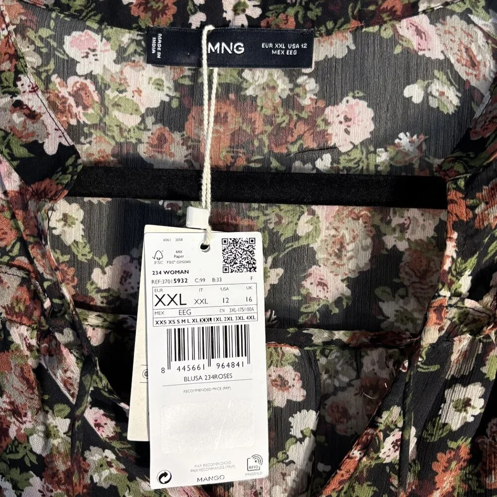 Mango Floral Print Sheer Blouse US 12 Black Multicolor Long Sleeve Lightweight - Picture 4 of 12